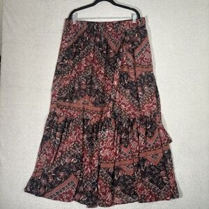 Swim by Cacique Women Plus 22/24 Boho Tiered Maxi Skirt Cover Up Floral Burgundy